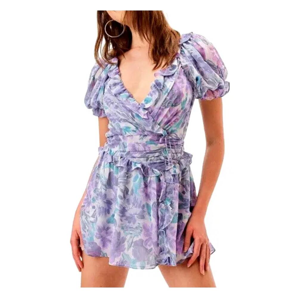 FOR LOVE & LEMONS NWT Shelly Neck Floral Lilac Ruffle Mini Dress Sexy Coquette S